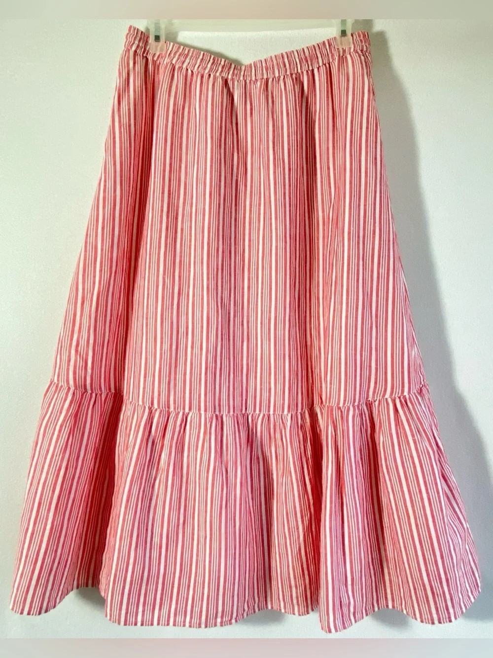 TALBOTS Linen/Cotton Blend Maxi Skirt Red/White Striped Elastic Waist Flare Sz L
